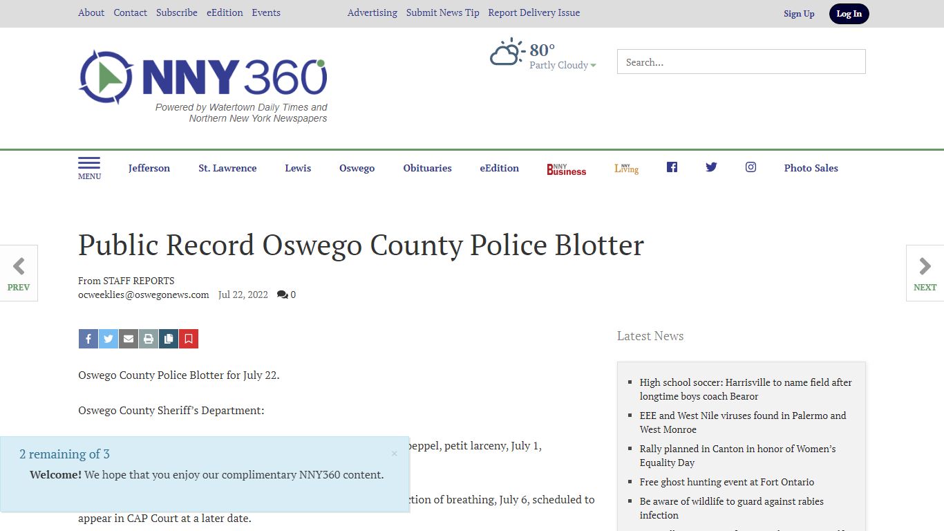 Public Record Oswego County Police Blotter - NNY360