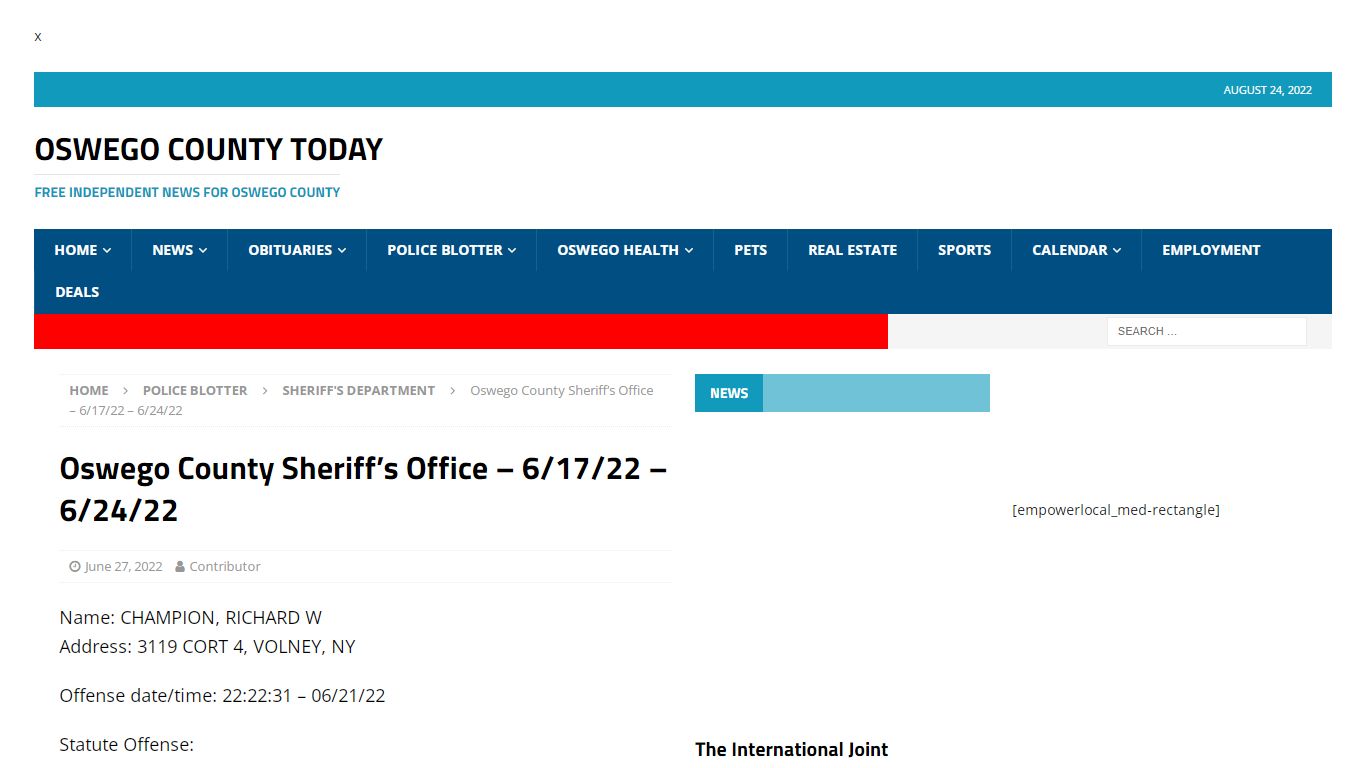 Oswego County Sheriff’s Office – 6/17/22 – 6/24/22